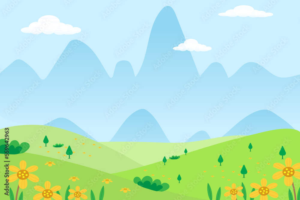 Cartoon vector illustration meadow and mountain sunset,Blue sky with clouds with hills and paddy field in nature landscape