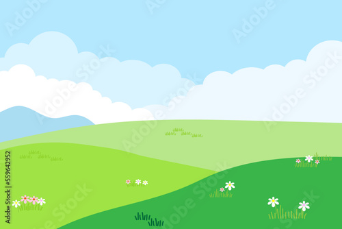 Vector of spring in natural Blue sky landscape Meadow on hills with flowers green plant illustration