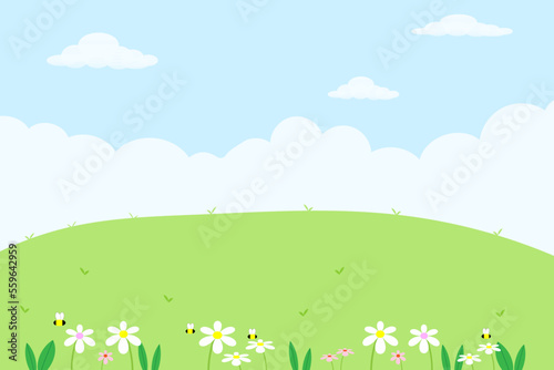 Vector of spring in natural Blue sky landscape Meadow on hills with flowers green plant illustration