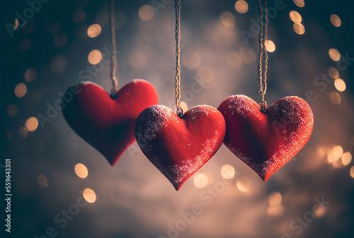 Heart shaped object hanging, with blurry lights in the background. Valentine's day.