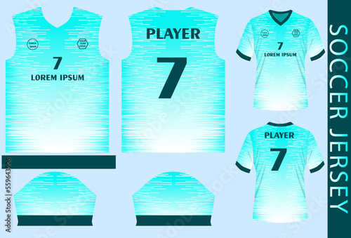 Soccer jersey design template for sublimation prinitng, with sewing pattern and mockup photo
