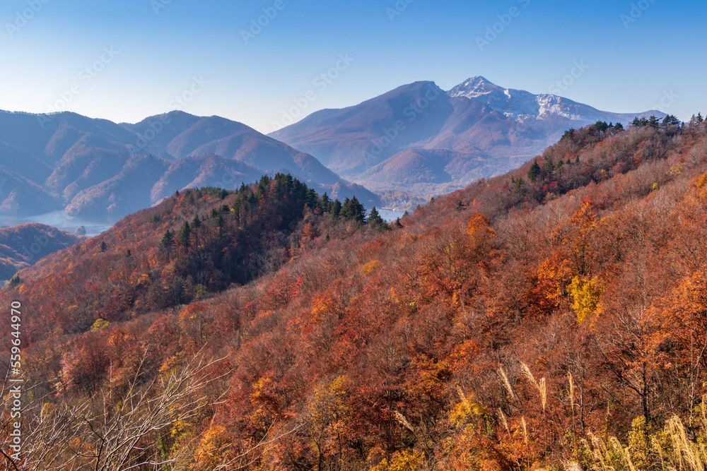 Naklejka premium 紅葉の裏磐梯・磐梯山