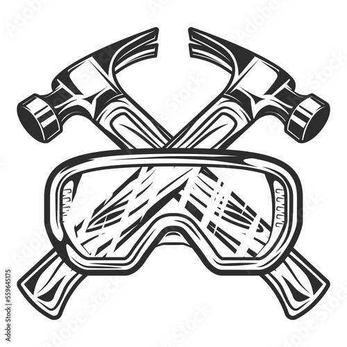 Crossed builder hammers from new construction and remodeling house business with safety glasses in monochrome vintage style illustration