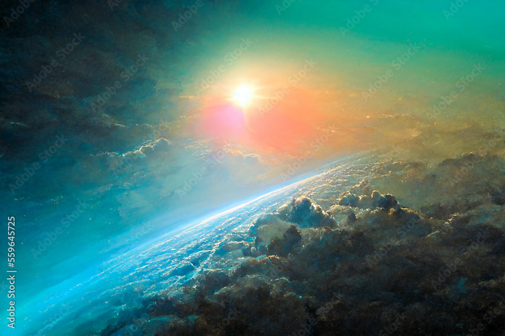 Fototapeta premium Illustration of Sunrise over a Distant Planet made with Generative AI