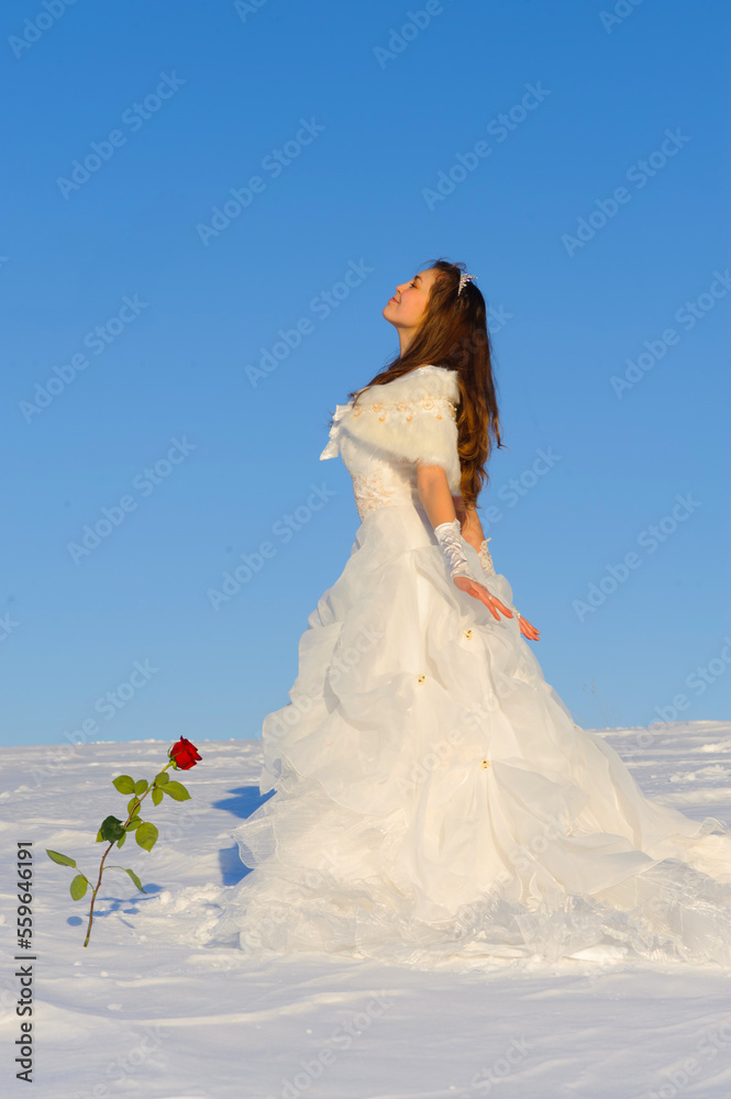 Beautiful young woman in wedding dress walking on snow field