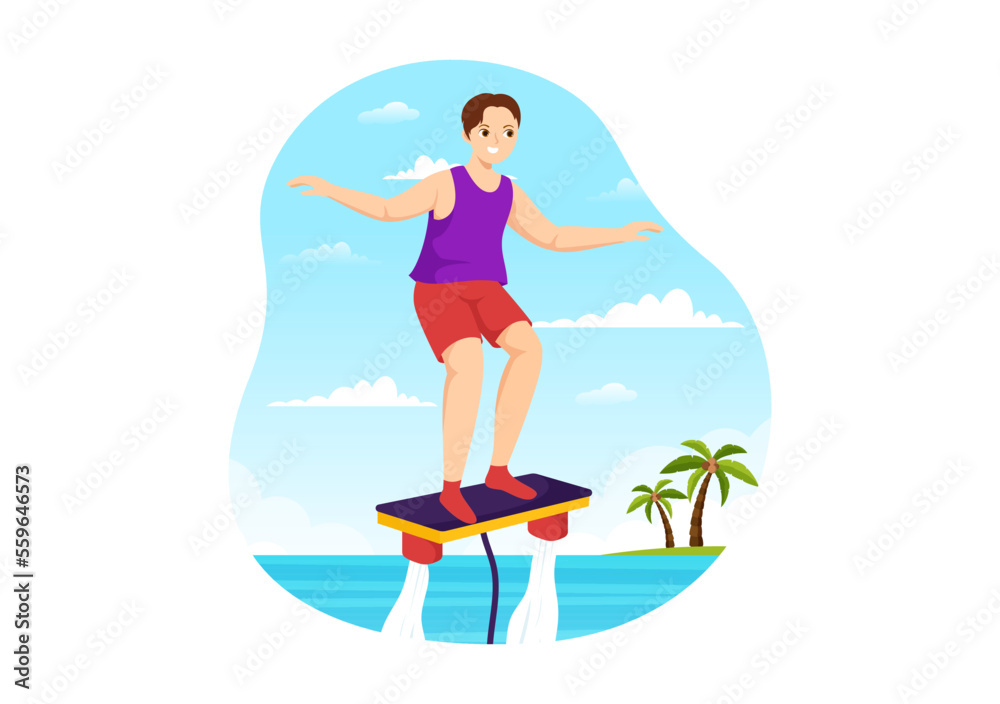Flyboard Illustration with People Riding Jet Pack in Summer Beach Vacations in Flat Extreme Water Sport Activity Cartoon Hand Drawn Templates