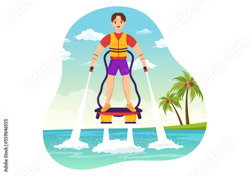 Flyboard Illustration with People Riding Jet Pack in Summer Beach Vacations in Flat Extreme Water Sport Activity Cartoon Hand Drawn Templates