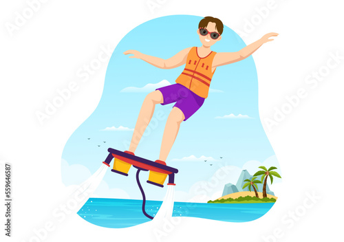 Flyboard Illustration with People Riding Jet Pack in Summer Beach Vacations in Flat Extreme Water Sport Activity Cartoon Hand Drawn Templates