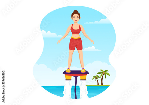 Flyboard Illustration with People Riding Jet Pack in Summer Beach Vacations in Flat Extreme Water Sport Activity Cartoon Hand Drawn Templates