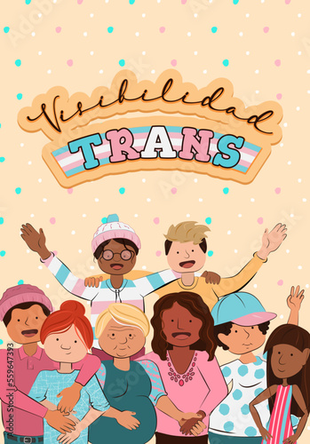 Ilustración del día de la visibilidad trans. Diversidad de personas trans, celebrando su identidad.
