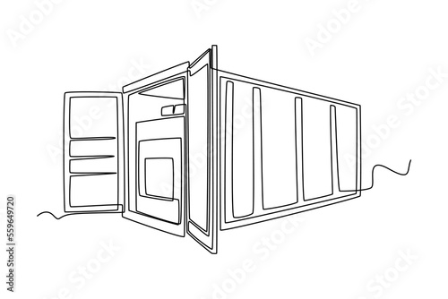 Continuous one line drawing Open a cargo container with full cardboard boxes. Cargo Concept. Single line draw design vector graphic illustration.