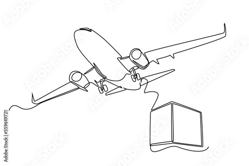 Continuous one line drawing. The plane takes off from the area carrying cardboard boxes. Cargo Concept. Single line draw design vector graphic illustration.