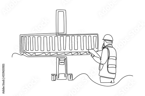 Continuous one line drawing man with safety helmet and using walkie talkie control loading containers box from cargo. Cargo Concept. Single line draw design vector graphic illustration.
