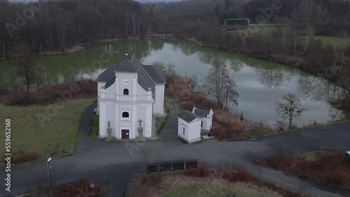 The sloping church in the Karviná coal basin. Aerial view photo