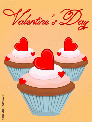 Vector illustration. Valentine s Day card with cupcakes.