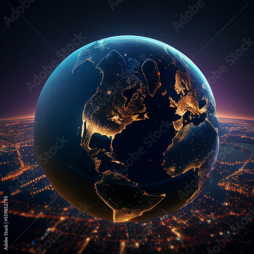 3d rendering Sphere of nightly globe Earth in outer space. Generative AI.