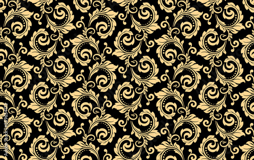 Wallpaper in the style of Baroque. Seamless vector background. White and gold floral ornament. Graphic pattern for fabric, wallpaper, packaging. Ornate Damask flower ornament