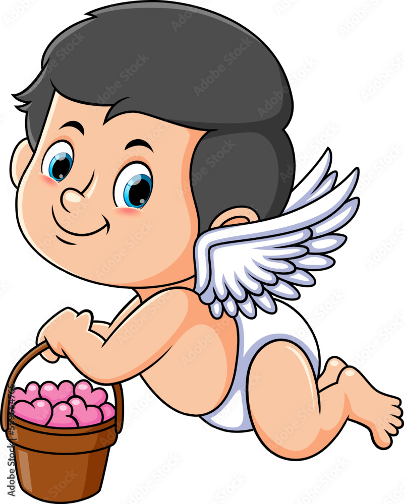 The cupid boy is flying and spreading the love in the pail The cupid boy is flying and spreading the love in the pail