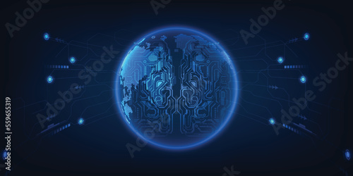 Vector illustrations of halogram earth floating on futuristic digital base with glowing ring and particles.Futuristic digital technology and computer concepts.