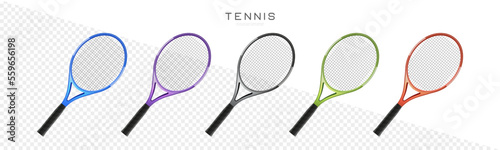 Tennis rackets vector realistic illustration. Sports equipment icons. Badminton rackets set in different colors photo