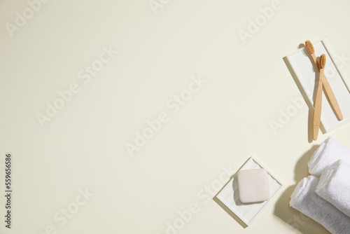 composition of bathroom object on light beige background. simple  copy space. top view.