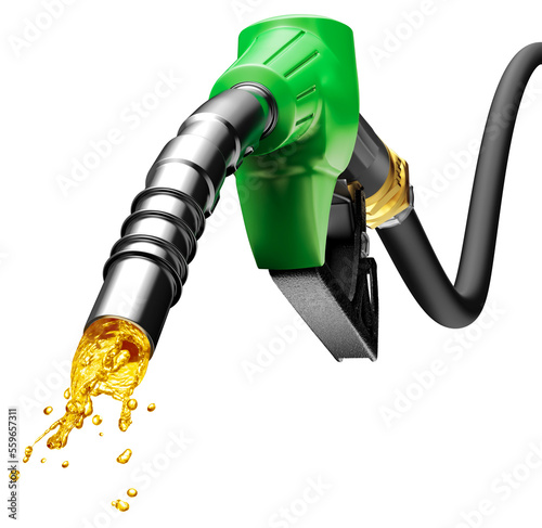Green gas pump nozzle with petrol splash