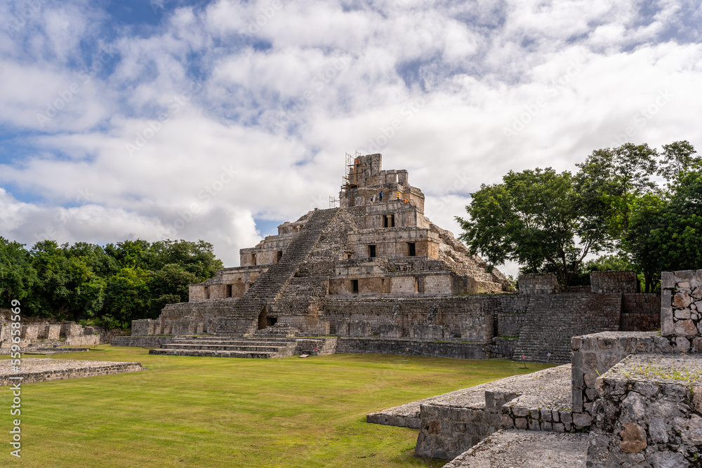 The ruins of a beautiful pyramid in the archaeological zone of Edzna in Mexico.