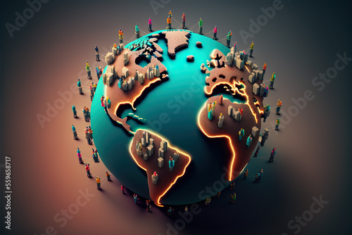 Crowds of people on world globe, business and technology concept generative ai illustration