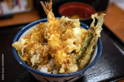 A bowl of Japanese food, tempura on rice in Tokyo