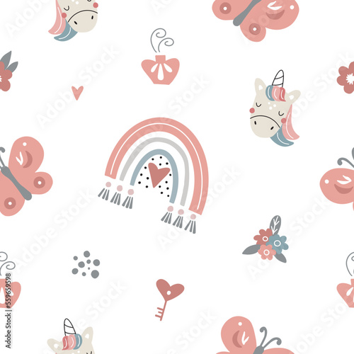 Unicorn and rainbow seamless pattern isolated on white background. Vector illustration for decorating textiles and nursery