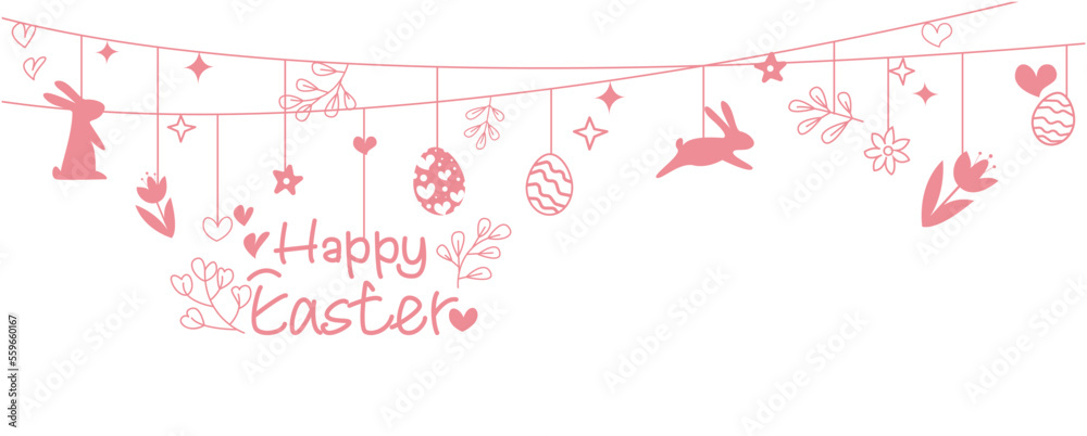 Fototapeta premium Happy easter decoration illustration. Easter eggs, bunny and flowers decoration background for Happy easter banner and design. Vector illustration.