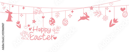 Happy easter decoration illustration. Easter eggs, bunny and  flowers decoration background for Happy easter banner and design. Vector illustration.