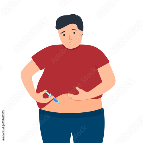 Man with diabetes disease doing insulin injection himself in flat design on white background.