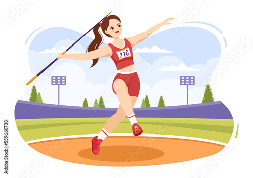 Javelin Throwing Athlete Illustration using a Long Lance Shaped Tool to Throw in Sports Activity Flat Cartoon Hand Drawn Template
