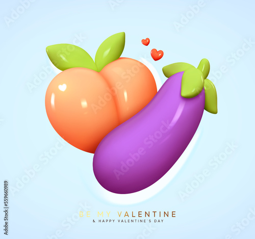 Peach and eggplant emoji 3d cartoon plastic style. Funny Valentine's day  poster. vector illustration Stock Vector