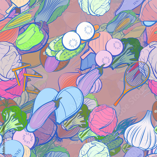 Background pattern abstract design texture. Seamless. Tennis and Health food. Theme is about protein, fetus, nutritious, garlic head, white, eggplant, small, vitamin C, in the peel, pinch