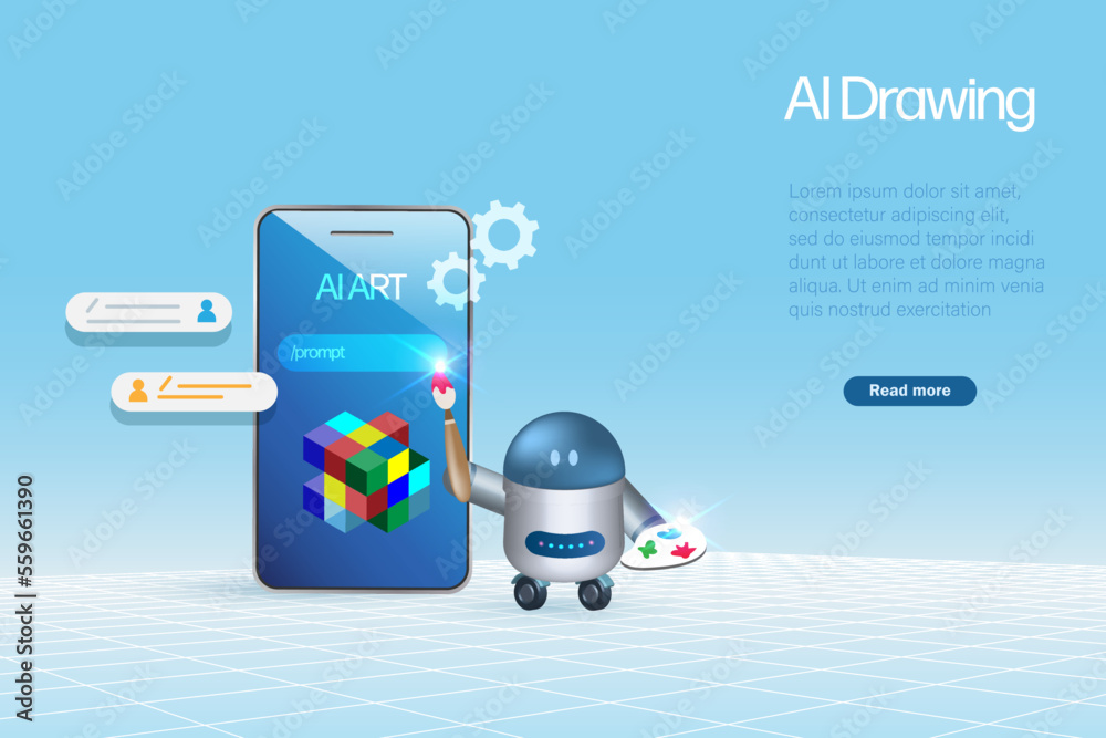 AI digital drawing art. Robot hold paintbrush and color palettes ...