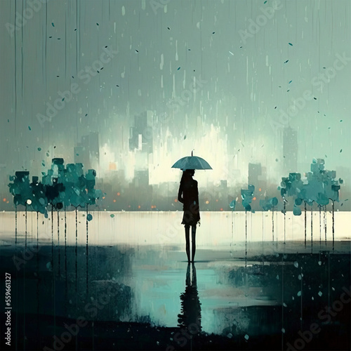 Standing under an umbrella under the rainy city  illustration