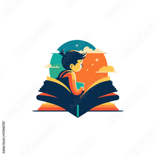 little boy kid reading book logo icon in flat vector design