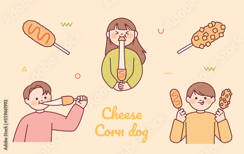 Korean cheese hot dogs and potato hot dogs. People are holding corn dogs in their hands and eating deliciously.