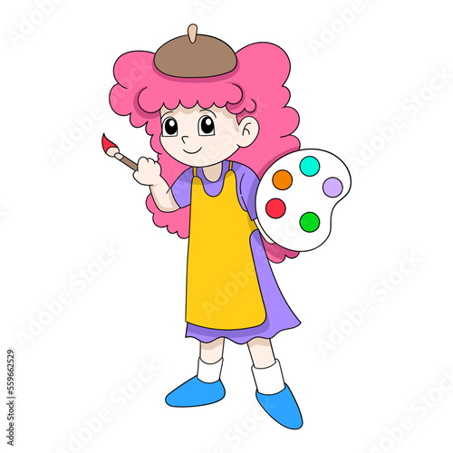 kid girl holding painting tools and paints playing pictures