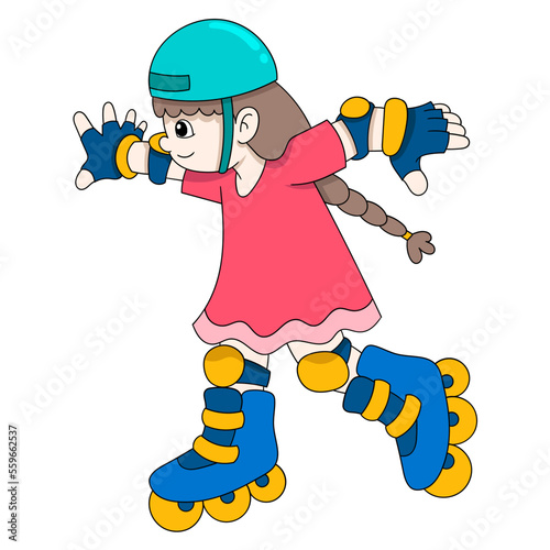 kid girl is roller skating playing in the park happily