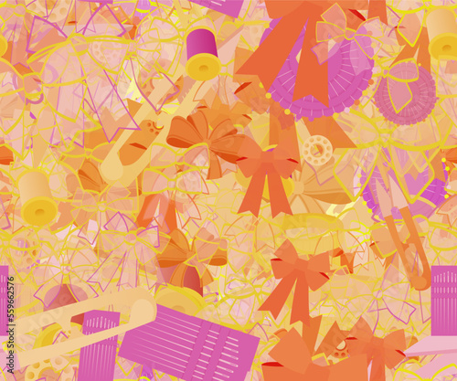 Background pattern abstract design texture. Seamless. Theme is about embellishment, sew, craft, tailor, knitting, decoration, hobby, tailor Shears, knit, ribbons, scissors, fabric, pin