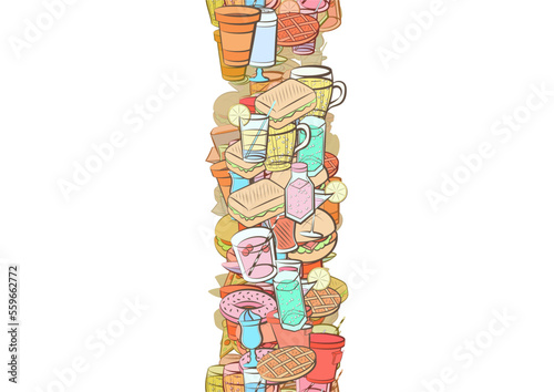 Background pattern abstract design texture. Drinks and American food. Vertical seamless stripe. Border frame, transparent background. Theme is about kvass, American cake, cherries, saucer
