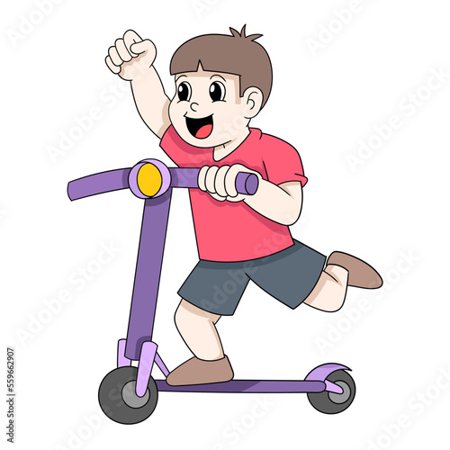 boy is happily playing manual scooter around the park