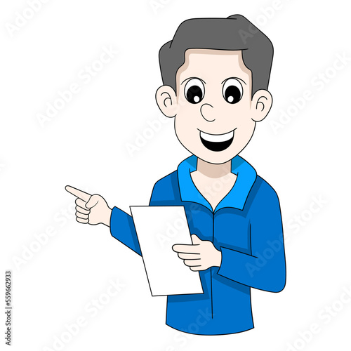 boy is holding document to inform sale discount to people