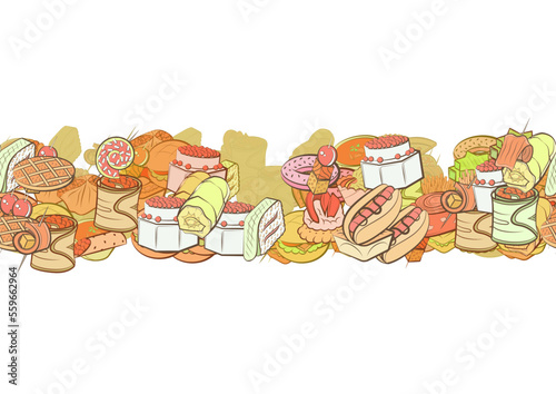 Background pattern abstract design texture. American food and Snacks. Horizontal seamless stripe. Border frame, transparent background. Theme is about bacon, cake, meat, crab meat, snack