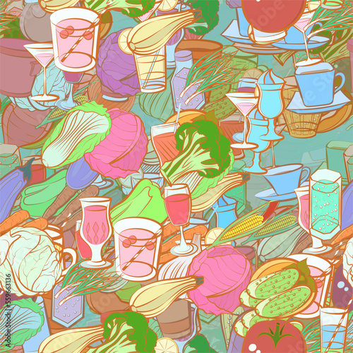 Background pattern abstract design texture. Seamless. Drinks and Health food. Theme is about pimples, Caucasian, satisfying, thread, drink, cola, beer, Martini, whole garlic, healthy food
