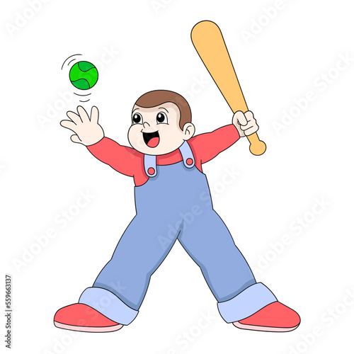 kid boy is practicing hitting a baseball