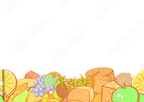 Background pattern abstract design texture. Fruits and Cheeses. Horizontal seamless stripe. Border frame, transparent background. Theme is about cheese, lobules, cut out, solid, pineapple